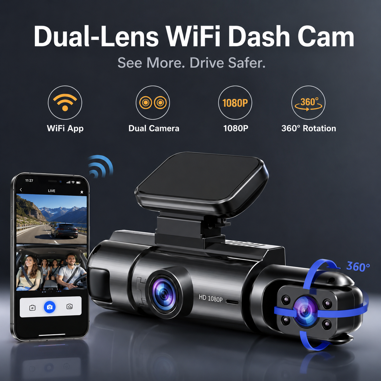 Dashcam Voiture Avant & Arrière WiFi - Vision Nuit 1080P